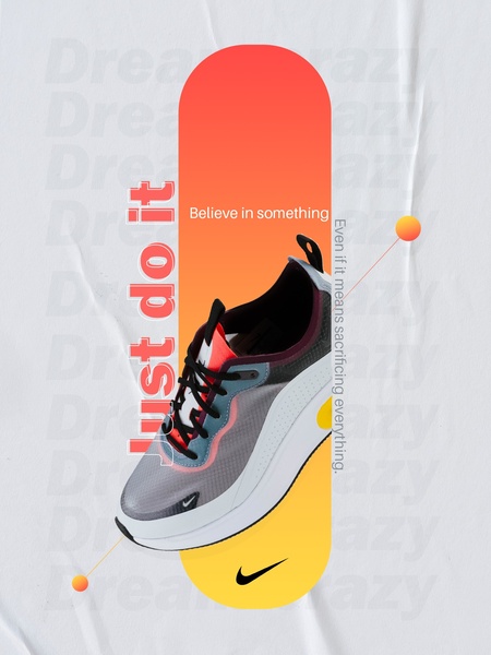 A vertical ad layout featuring a running shoe centered on a bold, dual-tone background with high-impact motivational typography.