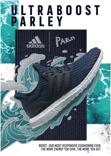 A striking visual display of a running shoe placed against a dynamic, embroidered-style water wave graphic to emphasize energy return.