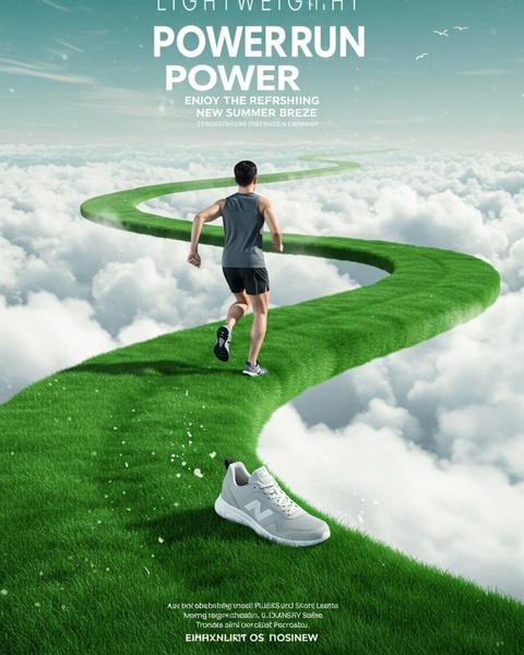 A surreal, high-contrast visual showing a runner on a green grass path floating above the clouds, highlighting the lightweight nature of the shoe.