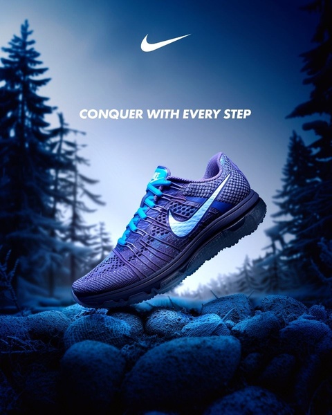 A high-contrast, moody product shot of a technical running shoe resting on rocks within a winter forest setting, emphasizing durability and performance.