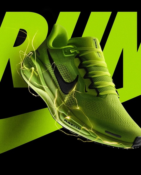This creative showcases a high-performance running shoe with dynamic lightning effects and bold typography against a black background.