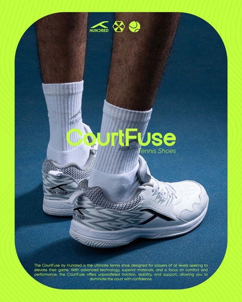 This creative showcases a close-up, bottom-up perspective of a user wearing CourtFuse performance shoes, emphasizing movement and stability on a tennis court.