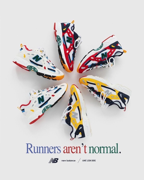 This creative displays five different colorways of a running shoe arranged in a circular pattern against a clean, white background with minimalist text branding.