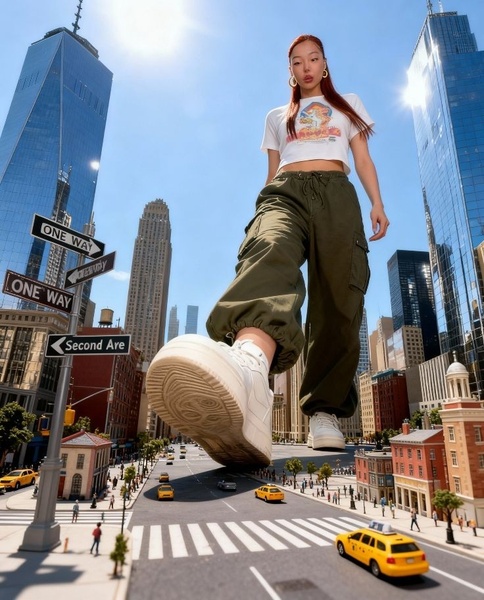 A high-impact creative featuring a giant model walking through a miniature city to emphasize the white sneakers.
