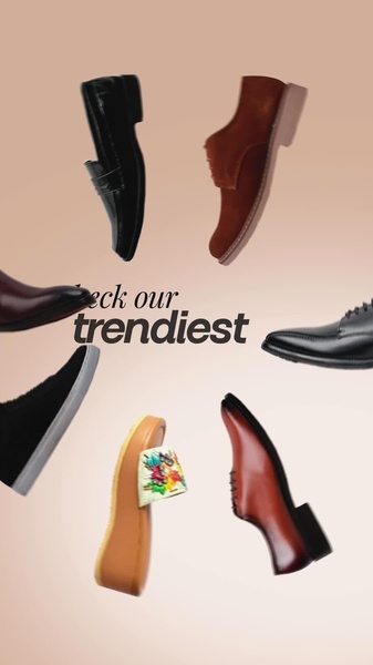A vertically oriented advertisement featuring multiple styles of footwear floating in a minimalist, warm-toned composition to highlight variety.