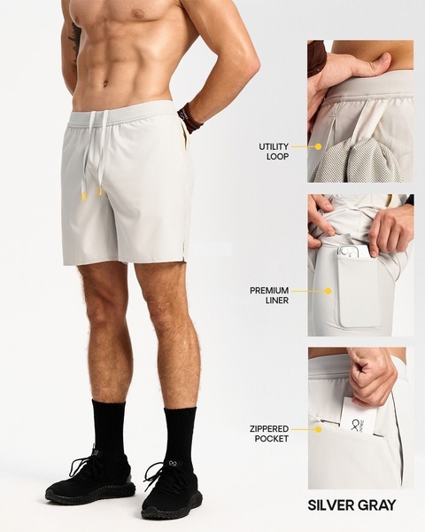 A high-clarity 4:5 creative that dissects a pair of running shorts into three specific functional components using callouts.