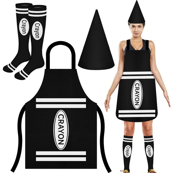 This creative showcases a complete costume set consisting of an apron, a hat, and socks, styled as a recognizable crayon character for seasonal wear.