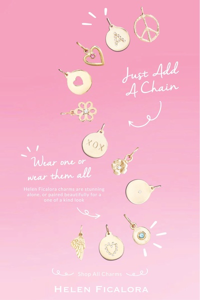 This ad features a vertical, airy arrangement of various golden charms against a soft pink gradient background, highlighting product versatility.