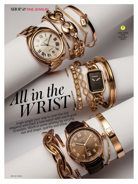 luxury watch, gold bracelet, watch stack, bangle bracelet, fine jewelry, wrist accessories, brand awareness, bestseller push, editorial, flat lay, luxurious, warm, gold, neutral, brown