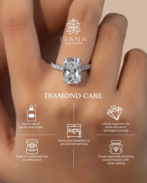 An elegant instructional graphic featuring a diamond ring and five actionable care tips for jewelry maintenance.