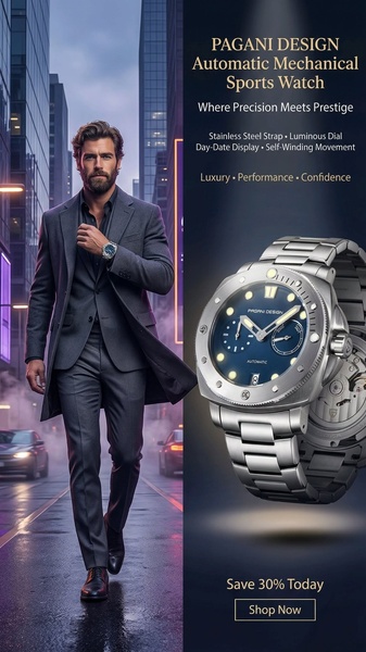 automatic watch, mechanical watch, sports watch, stainless steel watch, analog watch, self-winding watch, sale promotion, brand awareness, editorial, lifestyle, luxurious, bold, blue, neutral, gold