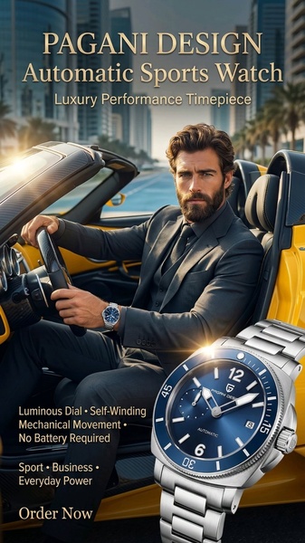 automatic watch, sports watch, mechanical watch, dive watch, self-winding watch, analog watch, product launch, brand awareness, lifestyle, editorial, luxurious, bold, blue, yellow, neutral