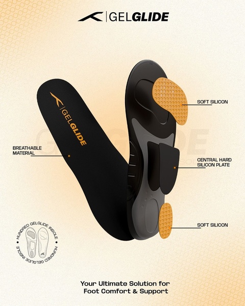 A split-view product breakdown showing the interior components of a gel insole to highlight comfort and structural support features.