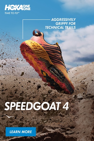 A dynamic product shot of a trail running shoe mid-air against a desert landscape, highlighting technical terrain capabilities.