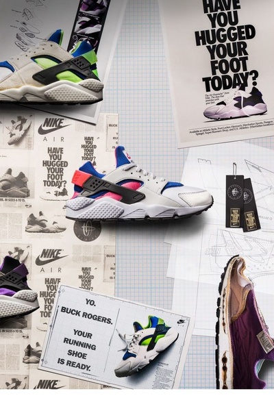 A detailed collage of a running shoe depicted through technical sketches, grid lines, and classic brand typography to emphasize product engineering.