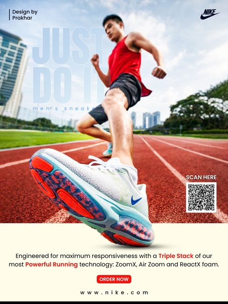 A high-energy, vertical ad featuring a runner in motion with a close-up focus on the shoe technology to emphasize performance responsiveness.