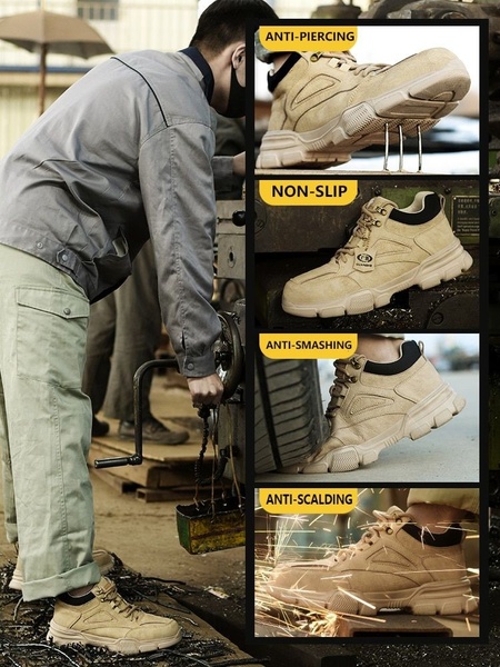This ad creative utilizes a split-screen design to showcase four distinct safety features: anti-piercing, non-slip, anti-smashing, and anti-scalding.