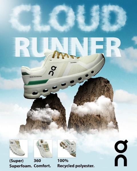 A 4:5 ratio creative featuring a running shoe perched on mountain peaks against a cloudy blue sky, emphasizing comfort and sustainable materials.