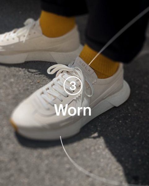 This creative uses a clean, top-down perspective of a pair of off-white minimalist shoes paired with mustard yellow socks, utilizing a numbered overlay to capture attention.