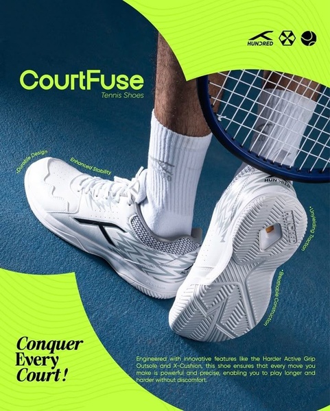 A close-up, athletic-focused shot of a tennis shoe showcasing specific product features like stability and traction through clean, modern typography.