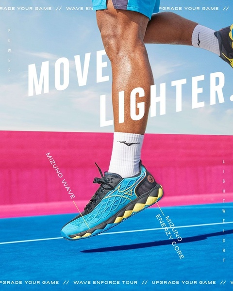 A high-energy running shoe ad using bold, high-contrast typography and color-blocking to emphasize lightweight product benefits.