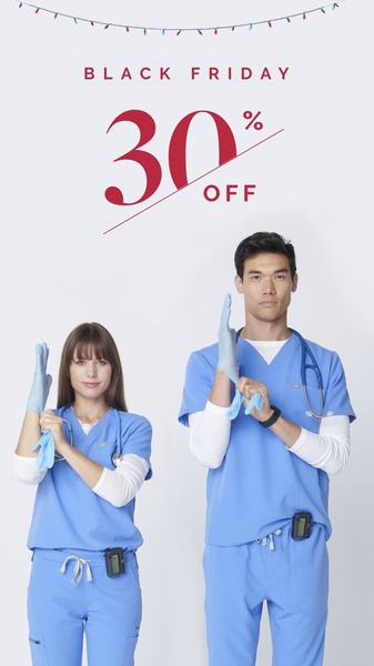 A clean, minimalist Black Friday promotional ad featuring healthcare professionals wearing medical scrubs. The visual highlights a clear offer and brand identity.