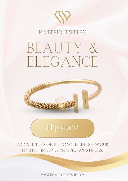 An elegant, high-contrast ad featuring a gold cuff bracelet with a clear price point and a direct promotional offer to boost sales.