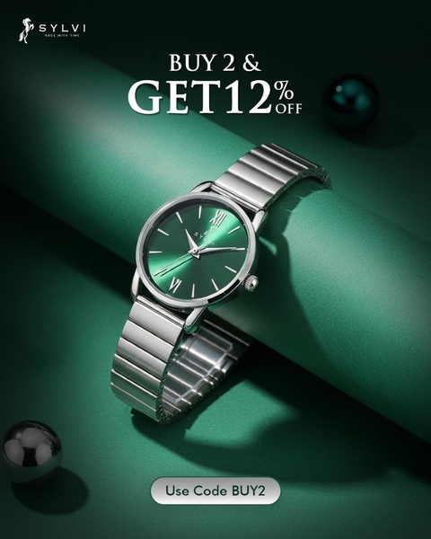 wristwatch, analog watch, dress watch, stainless steel watch, fashion watch, quartz watch, bundle offer, sale promotion, minimalist, editorial, luxurious, bold, green, neutral