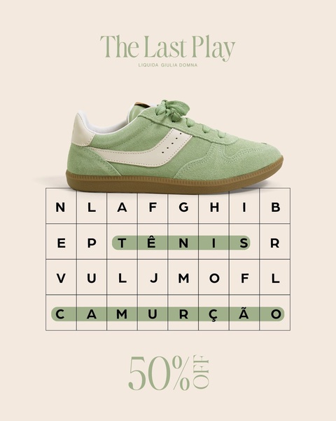 A clever, game-themed ad for suede sneakers that uses a letter grid to highlight product terms, driving engagement for a 50% off seasonal sale.