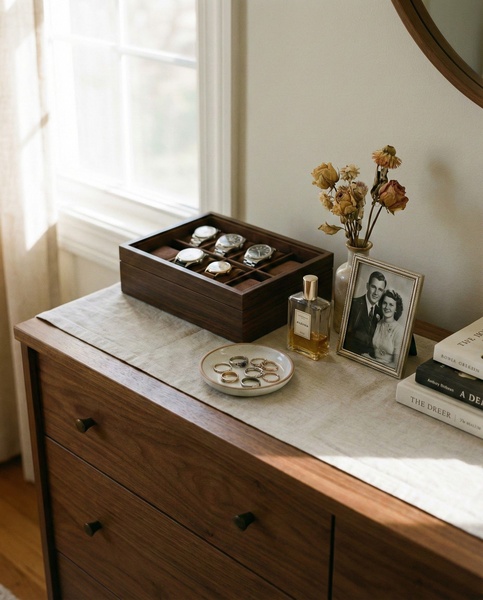 watch box, watch storage case, wooden watch organizer, watch display box, jewelry box, brand awareness, lifestyle, minimalist, calm, luxurious, brown, neutral