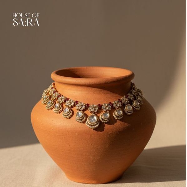 A high-quality 1:1 ratio studio shot featuring a gold and gemstone necklace elegantly displayed on a rustic clay pot.