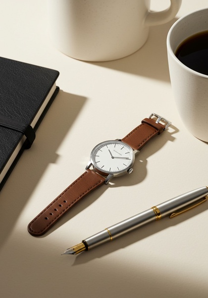 leather strap watch, analog watch, mens watch, wrist watch, dress watch, bestseller push, minimalist, flat lay, calm, trustworthy, neutral, brown