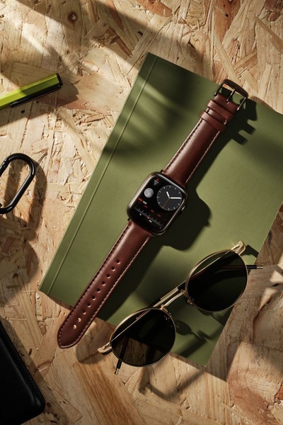 smartwatch, leather strap watch, digital watch, wrist watch, men's watch, new arrival, brand awareness, flat lay, lifestyle, calm, trustworthy, brown, green, neutral