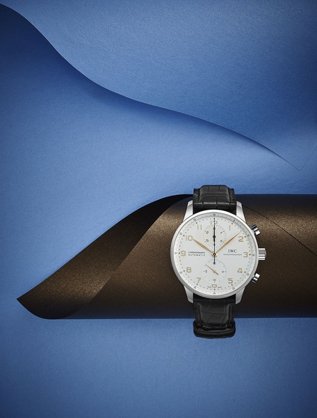 chronograph watch, leather strap watch, analog watch, luxury watch, mens watch, brand awareness, minimalist, editorial, luxurious, calm, blue, brown, neutral