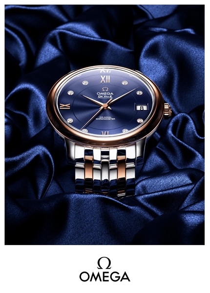 luxury watch, analog watch, wrist watch, dress watch, two tone watch, brand awareness, editorial, minimalist, luxurious, calm, blue, gold