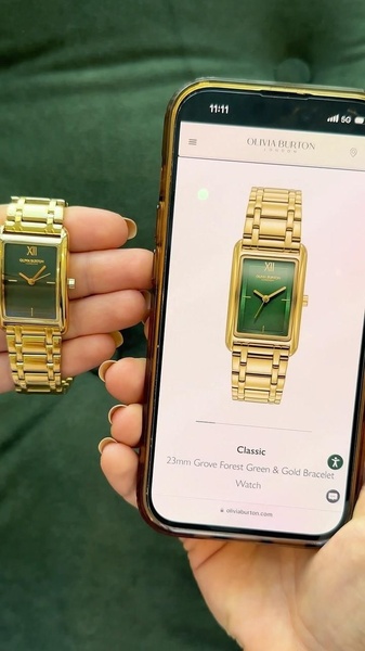 gold analog watch, metal strap watch, rectangular face watch, classic wrist watch, gold bracelet watch, product demo, lifestyle, ugc style, luxurious, trustworthy, gold, green, neutral