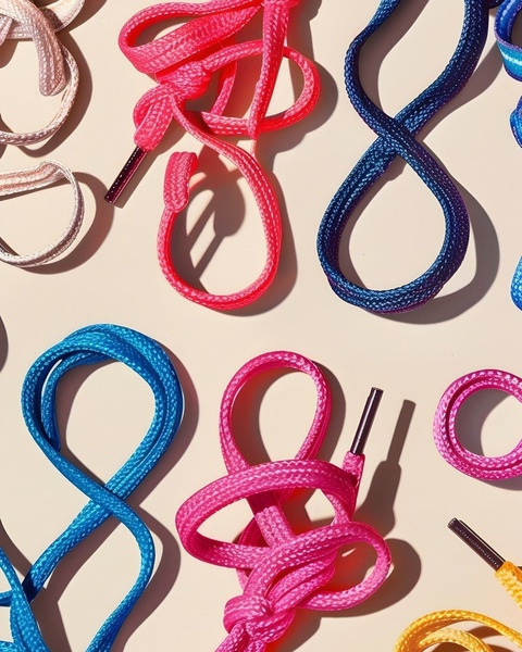 A high-angle flat lay composition featuring an array of colorful shoelaces arranged in flowing, organic loops against a neutral backdrop.