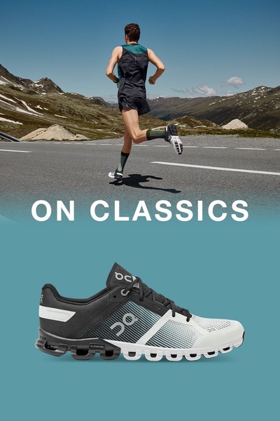 A vertical ad featuring a runner on a mountain road in the top half and a crisp, isolated product shot of the running shoe in the bottom half.