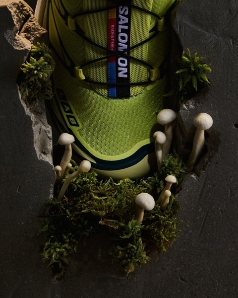 A high-contrast, artistic close-up of a neon yellow running shoe emerging from a crack in a concrete wall, surrounded by live moss and small mushrooms.