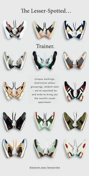 A clean, minimalist 9:16 vertical grid layout displaying fifteen different styles of trainers arranged in symmetrical pairs on a neutral background.