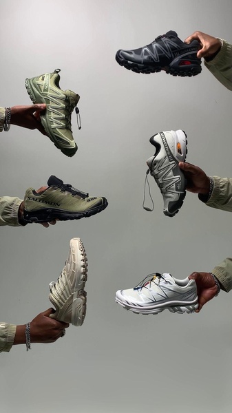This creative showcases multiple colorways of a running shoe using a repetitive, human-centric hero framing against a clean, neutral background.