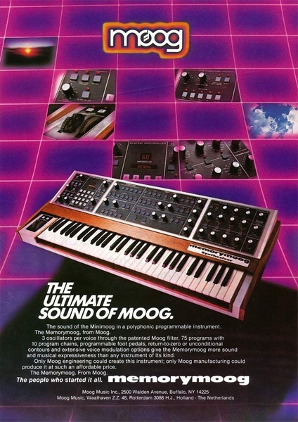 A high-contrast synth advertisement featuring a keyboard central to a grid-patterned, synth-wave style background.