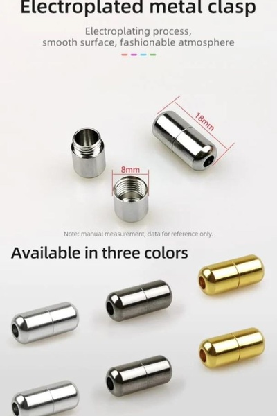 A clean, technical, and informative product graphic showcasing the dimensions, material, and color variants of an electroplated metal clasp.