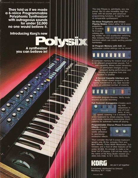A classic print ad style showing a synthesizer with a list of technical features and a strong value proposition for the price point.