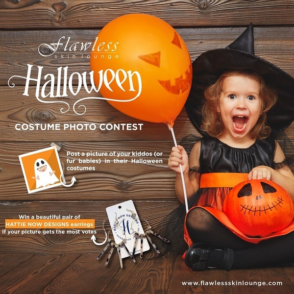 A seasonal engagement ad featuring a child in a witch costume with a pumpkin to drive entries for a jewelry giveaway.