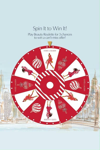 A festive, interactive roulette wheel promotion for beauty products featuring seasonal imagery and a clear call to action for customers to win an offer.