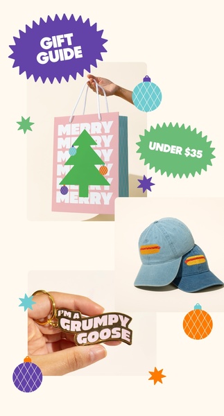A festive, minimalist gift guide visual featuring product highlights like branded caps, keychains, and gift bags under a specific price point.