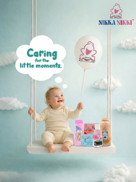 baby care products, baby grooming kit, baby body wash, baby skincare set, infant care essentials, baby bath products, brand awareness, product launch, lifestyle, editorial, playful, warm, blue, pastel, neutral