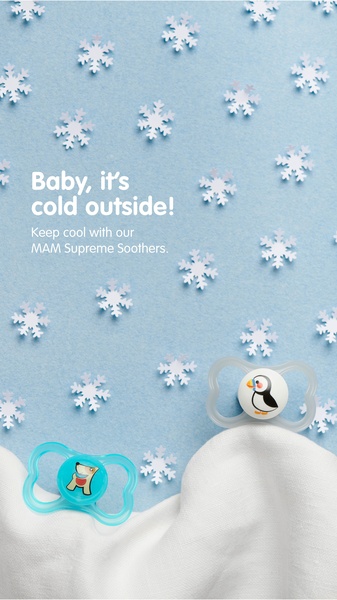 A clean, seasonal product advertisement for baby soothers, featuring a winter snowflake background and a direct-to-consumer value proposition.