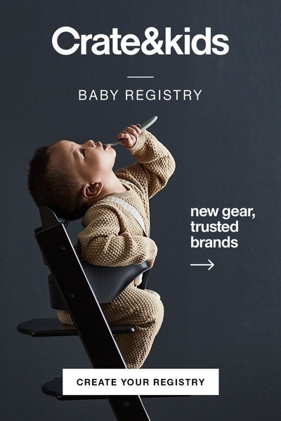 A high-conversion 2:3 vertical ad featuring a baby in a minimalist high chair to promote a baby registry service.